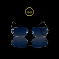 Silver Rimless Rectangular Sunglasses with Deep Blue Gradient Crystal-Cut Lenses