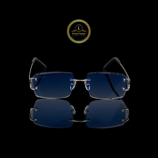 Silver Rimless Rectangular Sunglasses with Deep Blue Gradient Crystal-Cut Lenses