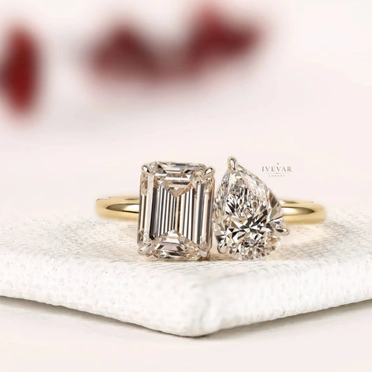 Emerald Cut and Pear Cut Moissanite Diamond Toi et Moi Ring