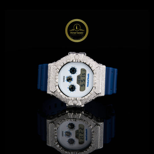 Iced Out Diamond Digital Watch with Blue Resin Strap for Men