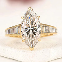 Marquise Cut Moissanite Diamond Ring with Baguette Side Stones