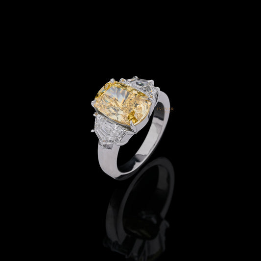 Fancy Vivid Yellow Cushion Moissanite Diamond With Cadillac Sidestone Ring