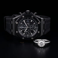 Timeless Elegance Duo Black Luxury Watch And Round Cut Moissanite Diamond Solitaire Ring
