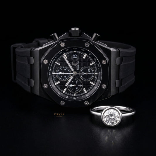 Timeless Elegance Duo Black Luxury Watch And Round Cut Moissanite Diamond Solitaire Ring
