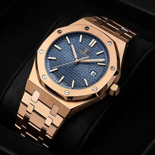 Men's Rose Gold Octagonal Blue Textured Dial Analog Date Watch