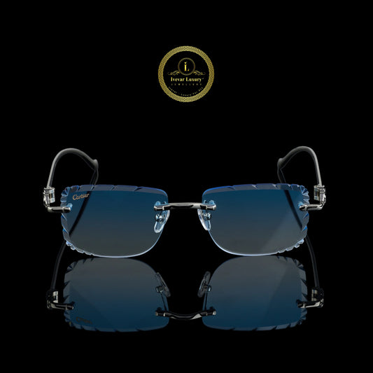 Modern Black Rimless Sunglasses with Faceted Blue Smoke Gradient Lenses