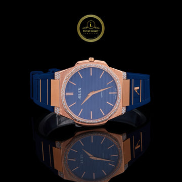 Rose Gold Blue Face Diamond Bezel Blue Strap Luxury Watch