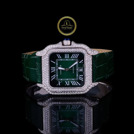 Round Cut Diamond Square Automatic Watch with Green Roman Numeral Dial and Leather Strap