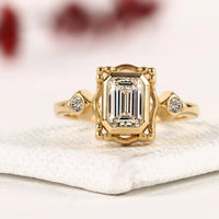 Bezel Setting Emerald Cut with Side Moissanite Diamond Engagement Ring