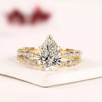 Pear Cut Moissanite Diamond Double Marquise Eternity Bridal Ring Set