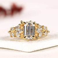 Emerald Cut Nature Inspired Moissanite Diamond Engagement Ring