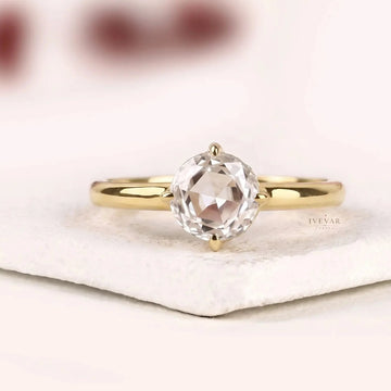 Rose Cut Moissanite Diamond Hidden Halo Engagement Ring