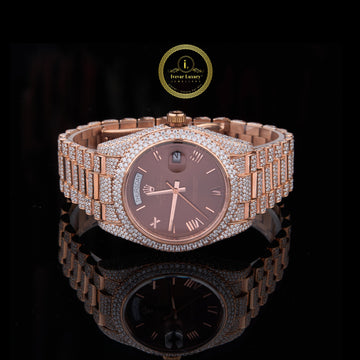 Full Iced Out Diamond Day-Date Watch with Chocolate Brown Dial & Rose Finish