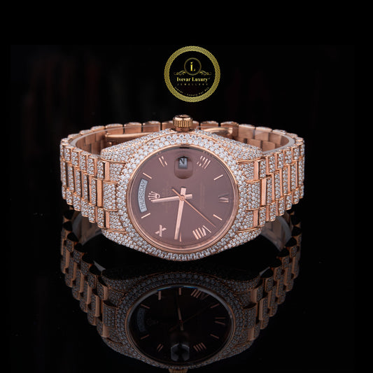Full Iced Out Diamond Day-Date Watch with Chocolate Brown Dial & Rose Finish