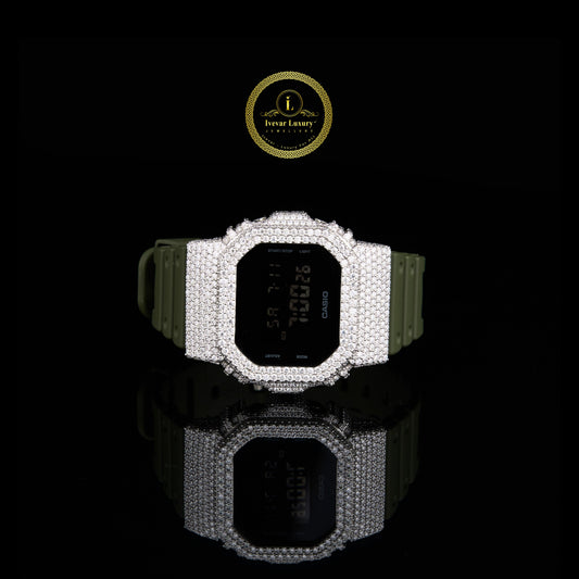 Iced Out Diamond Digital Watch with Olive Green Resin Strap for Men
