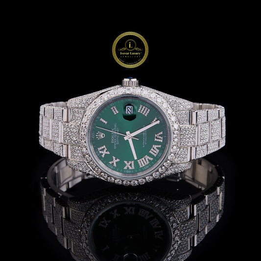 Full Iced Out Diamond Day-Date Watch with Emerald Green Roman Dial