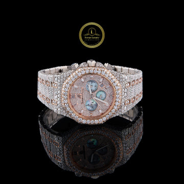 Full Iced Out Diamond Chronograph Watch with Ice Blue Subdials & Two-Tone Finish