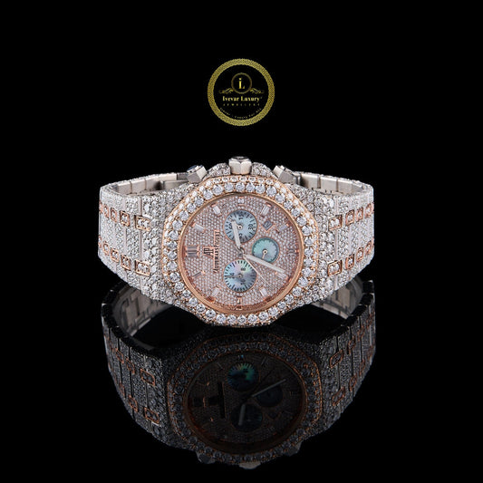 Full Iced Out Diamond Chronograph Watch with Ice Blue Subdials & Two-Tone Finish