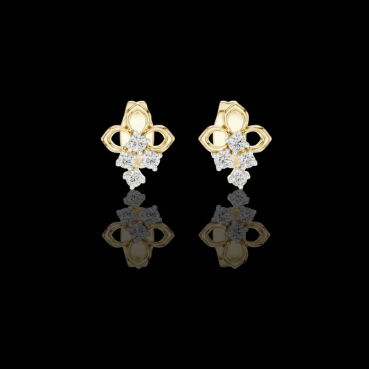 0.082 TCW Elowen Clover Moissanite Round Diamond Drop Gold Stud Earrings with Petite Floral Design