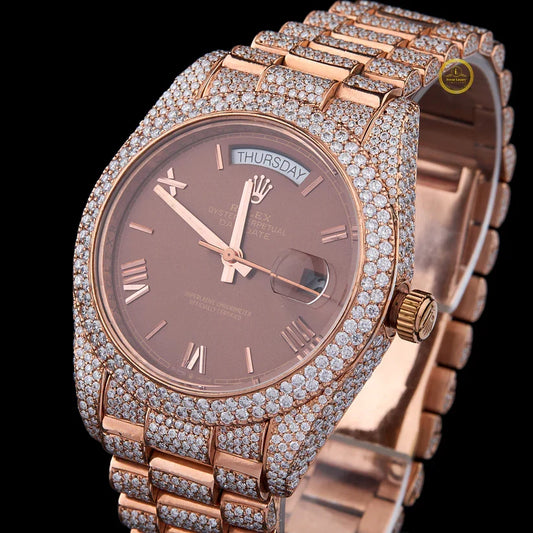 Full Iced Out Diamond Calendar Watch with Chocolate Brown Dial & Rose Finish - View 2