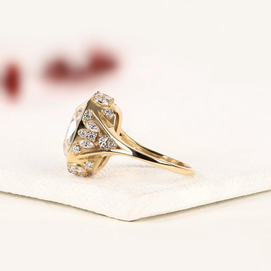 Cushion Cut Lab Diamond Bezel Halo Ring with Marquise Side Stones