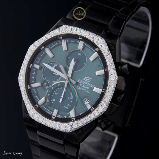 Round Cut Diamond Bezel Octagonal Chronograph Watch with Integrated Link Bracelet