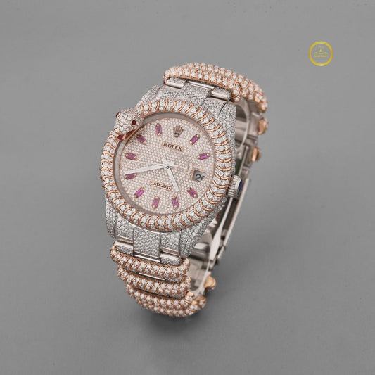 Full Iced Out Two-Tone Diamond Watch with Ruby Markers & Rope Link Band - View 2