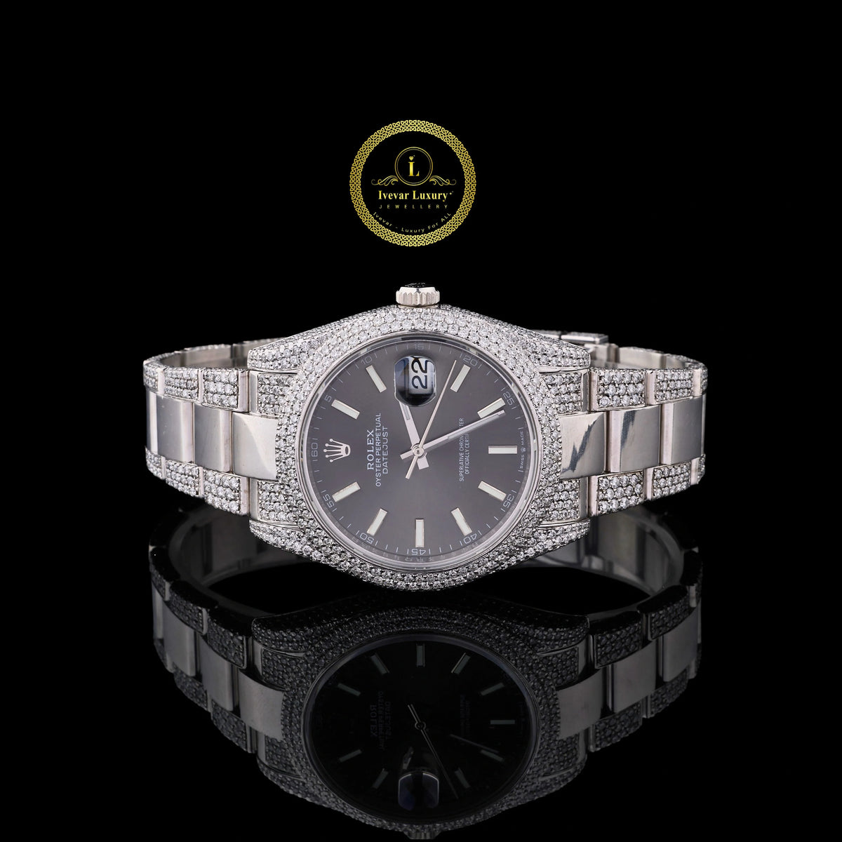 Silver Iced Out Diamond Watch with Grey Dial – Luxury Men’s Custom Timepiece