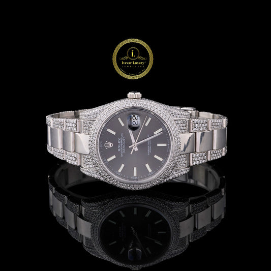 Silver Iced Out Diamond Watch with Grey Dial – Luxury Men’s Custom Timepiece