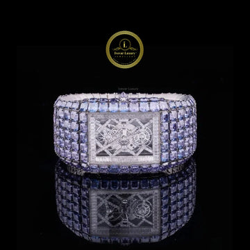 Full Iced Ascher and Baguette Cut Blue Diamond Watch in White Gold – Where Innovation Meets Luxury