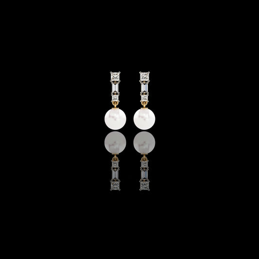 2.08 TCW Sophisticated Princess & Baguette Moissanite Diamond Drop Earrings with Timeless Round Pearl Drops