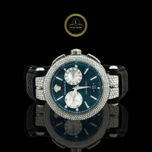 Blue Chronograph Watch with Diamond Bezel & Black Rubber Strap