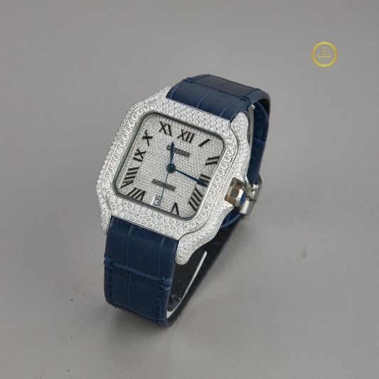 Elegant Diamond-Set Square Watch with Blue Leather Strap and Roman Numeral Dial