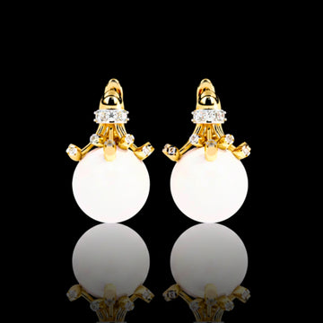 0.35 TCW Luxurious Golden Crown Pearl Drop Earrings with Sparkling Moissanite Round Diamond Accents