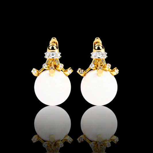 0.35 TCW Luxurious Golden Crown Pearl Drop Earrings with Sparkling Moissanite Round Diamond Accents