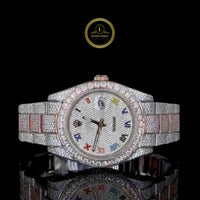 Full Iced Out Two-Tone Nautilus Style Watch with Multicolor Roman Dial