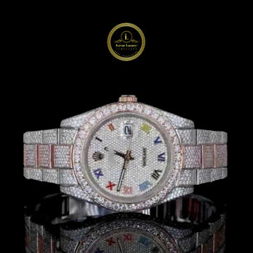 Full Iced Out Two-Tone Nautilus Style Watch with Multicolor Roman Dial