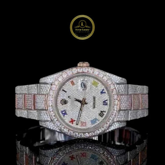 Full Iced Out Two-Tone Nautilus Style Watch with Multicolor Roman Dial