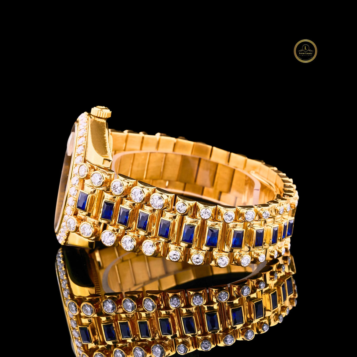 Royal Blue Gemstone Gold Watch Diamond Bezel Luxury Statement Timepiece - View 3