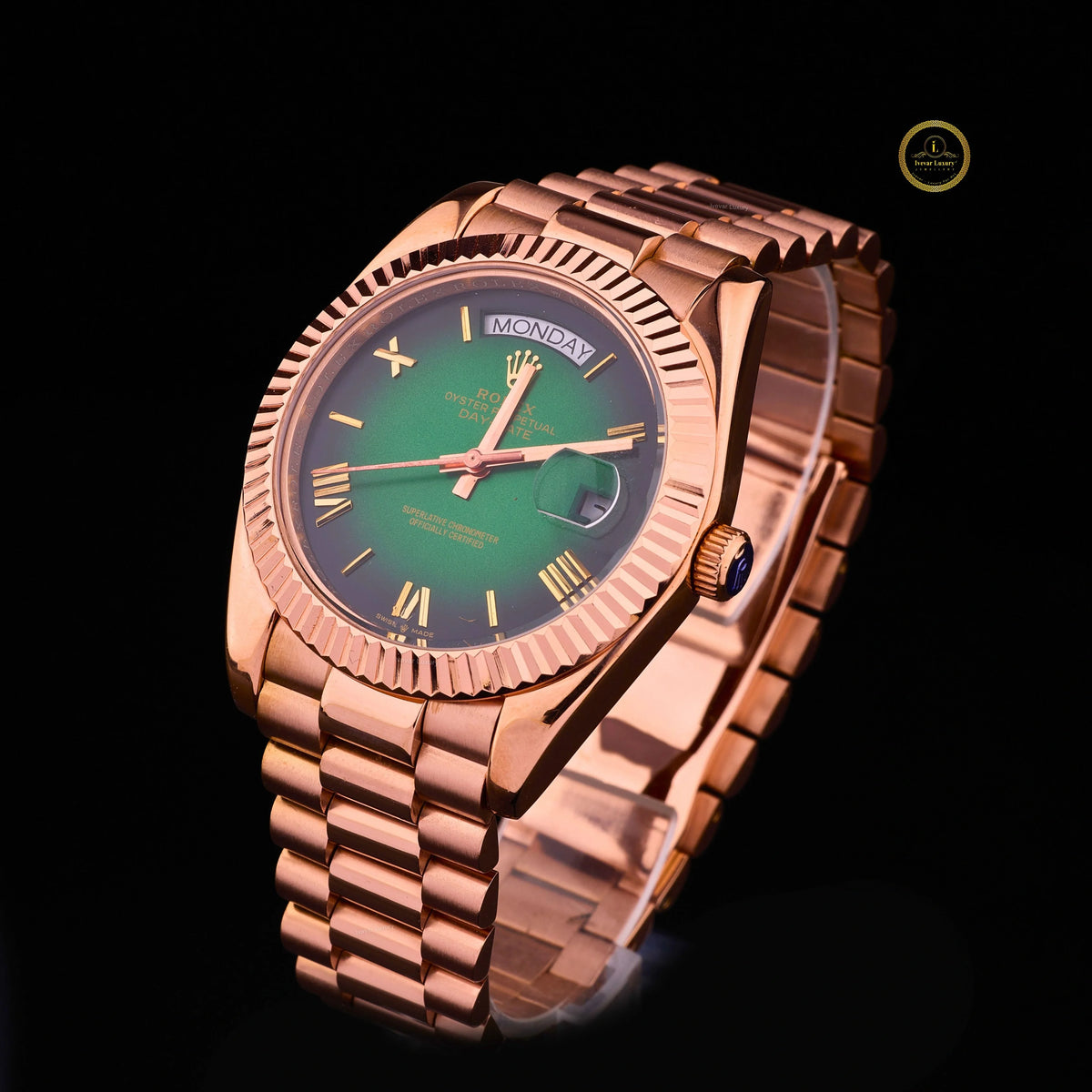 Luxury Green Dial Rose Gold Calendar Watch - View 2