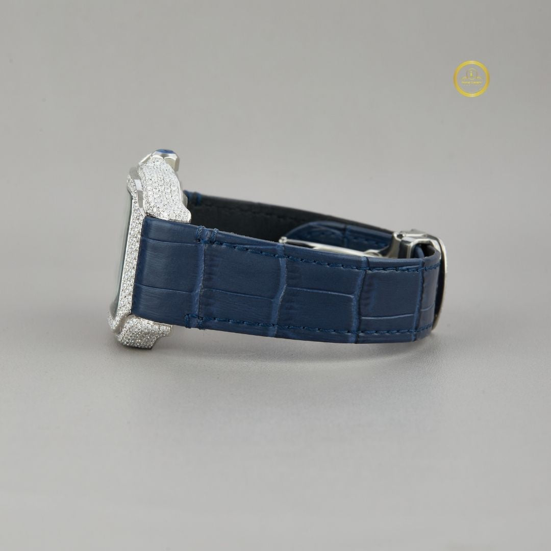 Elegant Diamond-Set Square Watch with Blue Leather Strap and Roman Numeral Dial - View 3