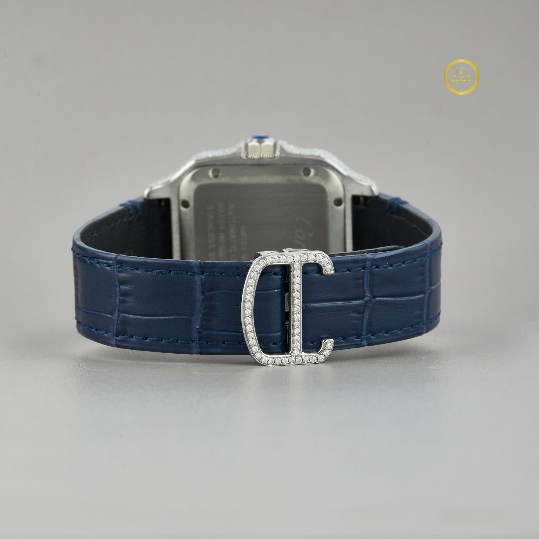 Elegant Diamond-Set Square Watch with Blue Leather Strap and Roman Numeral Dial - View 4