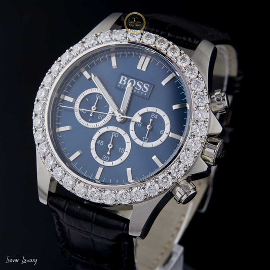 Round Cut Diamond Bezel Chronograph Watch with Black Leather Strap