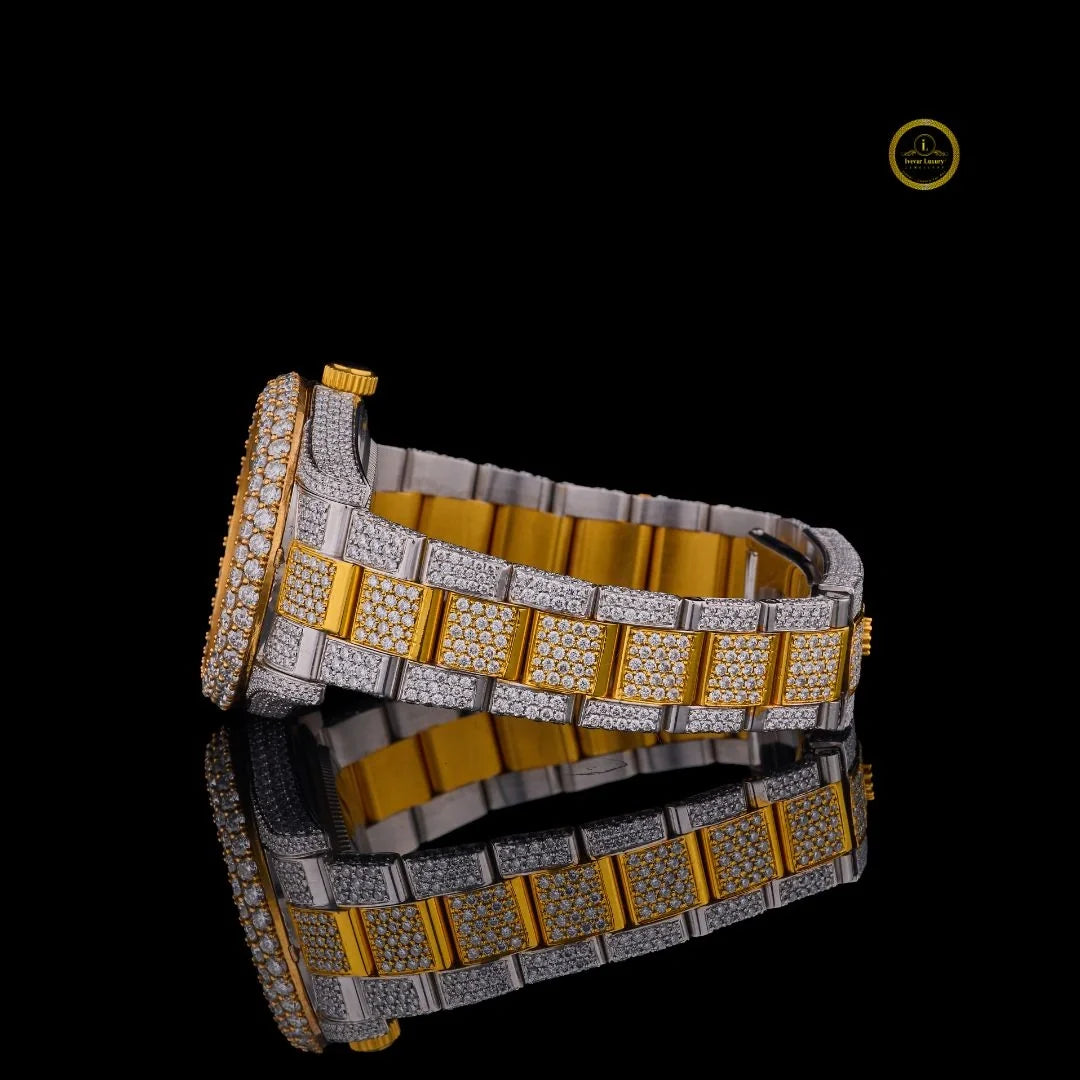 Two-Tone Fully Iced Out Diamond Watch with Yellow Dial – Luxury Men’s Timepiece - View 3