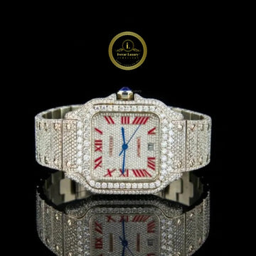 Full Iced Out Diamond Square Watch with Red Roman Numerals & Pavé Bracelet