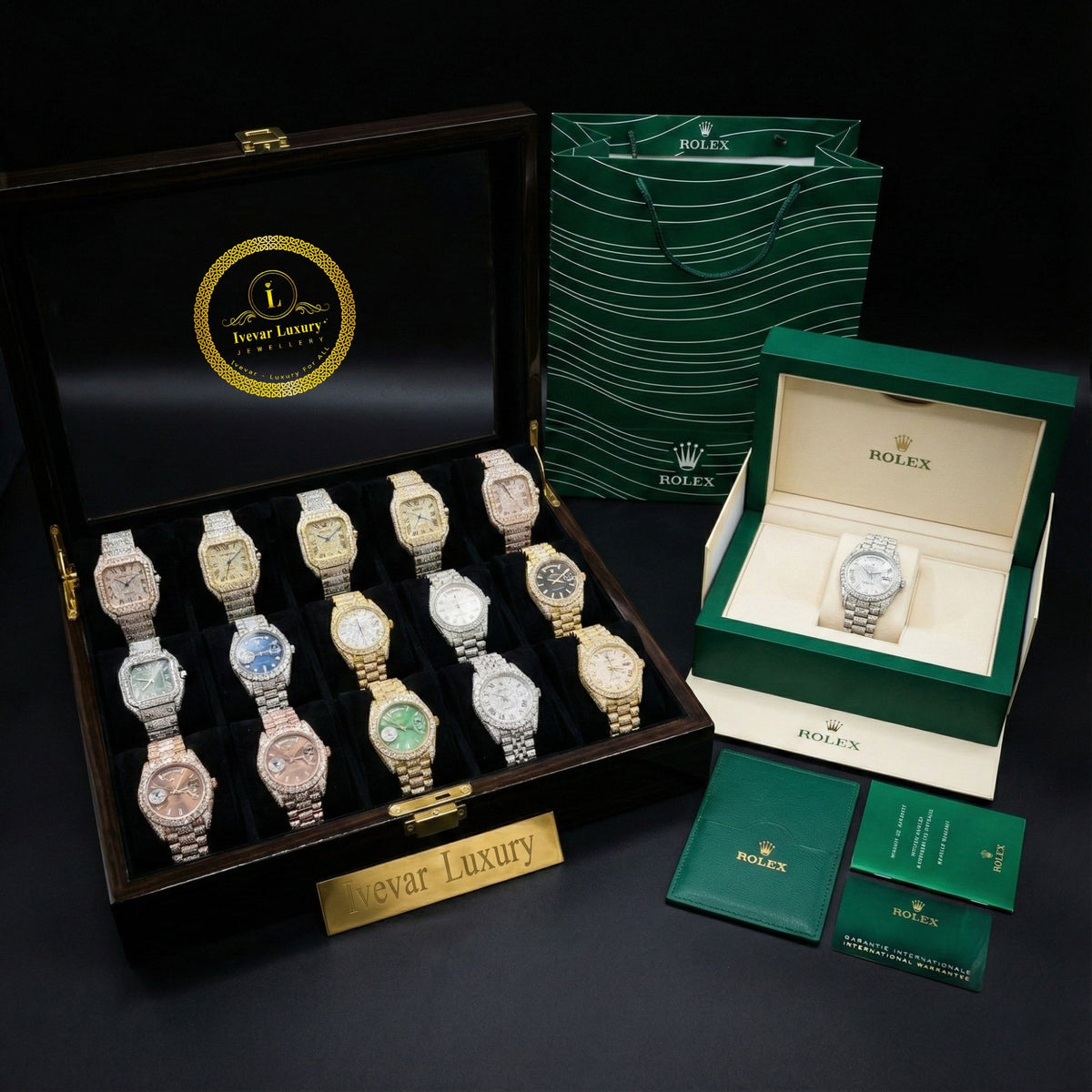 Rose Gold Calendar Watch with Green Face Round Diamond Executive Band