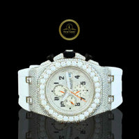 Half Iced Out Diamond Chronograph Watch with White Rubber Strap & Pavé Dial