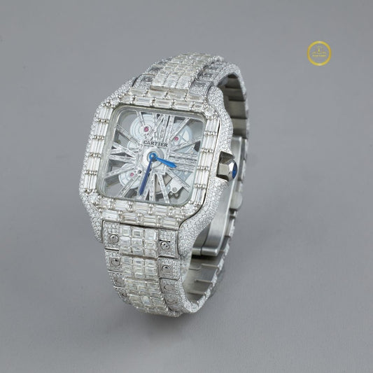 Full Iced Out Skeleton Diamond Watch with Round & Baguette Bezel