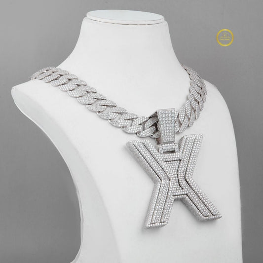 Full Pave Set Cuban Link Chain Necklace with Large Lab Diamond Pendant