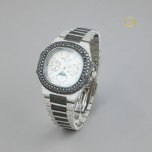 Black Diamond Annual Calendar Moonphase Watch with Pavé Bracelet & White Gold Finish